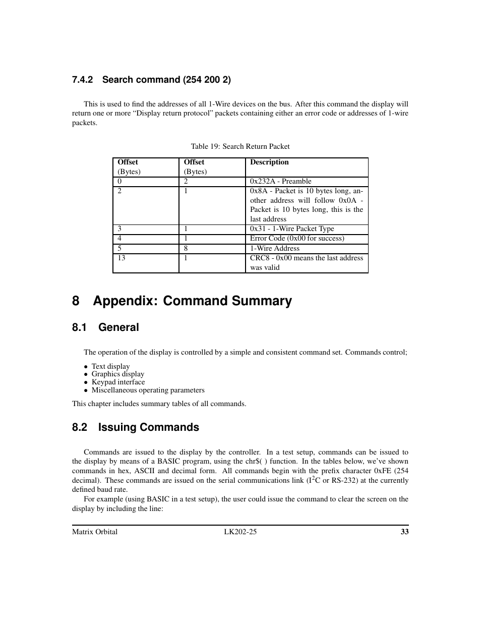 8 appendix: command summary, 1 general, 2 issuing commands | Matrix Orbital LK202-25 Legacy User Manual | Page 37 / 50