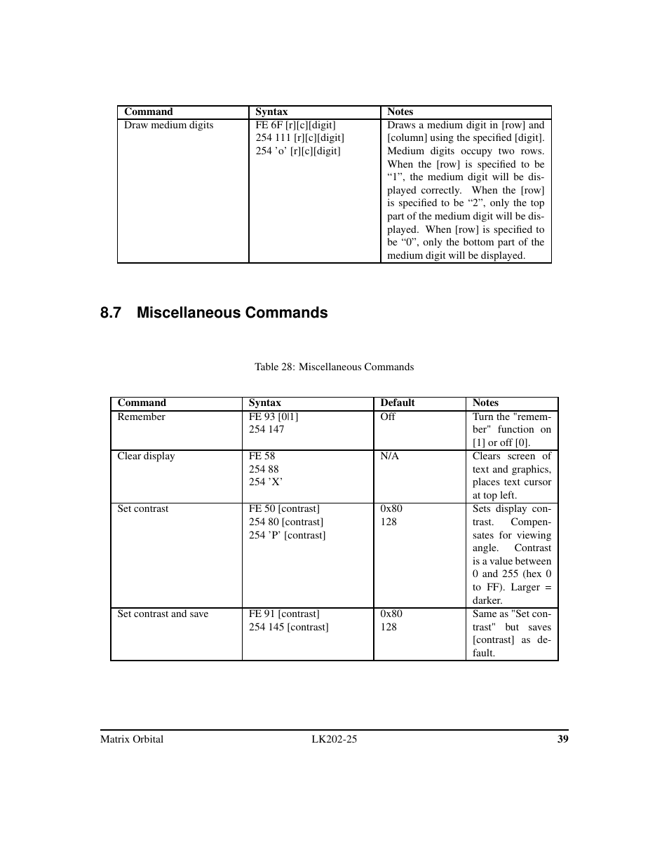 7 miscellaneous commands | Matrix Orbital LK202-25 Legacy User Manual | Page 43 / 50