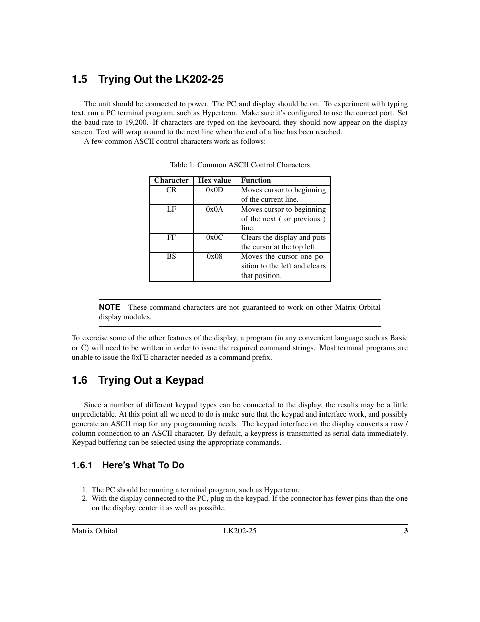 6 trying out a keypad | Matrix Orbital LK202-25 Legacy User Manual | Page 7 / 50