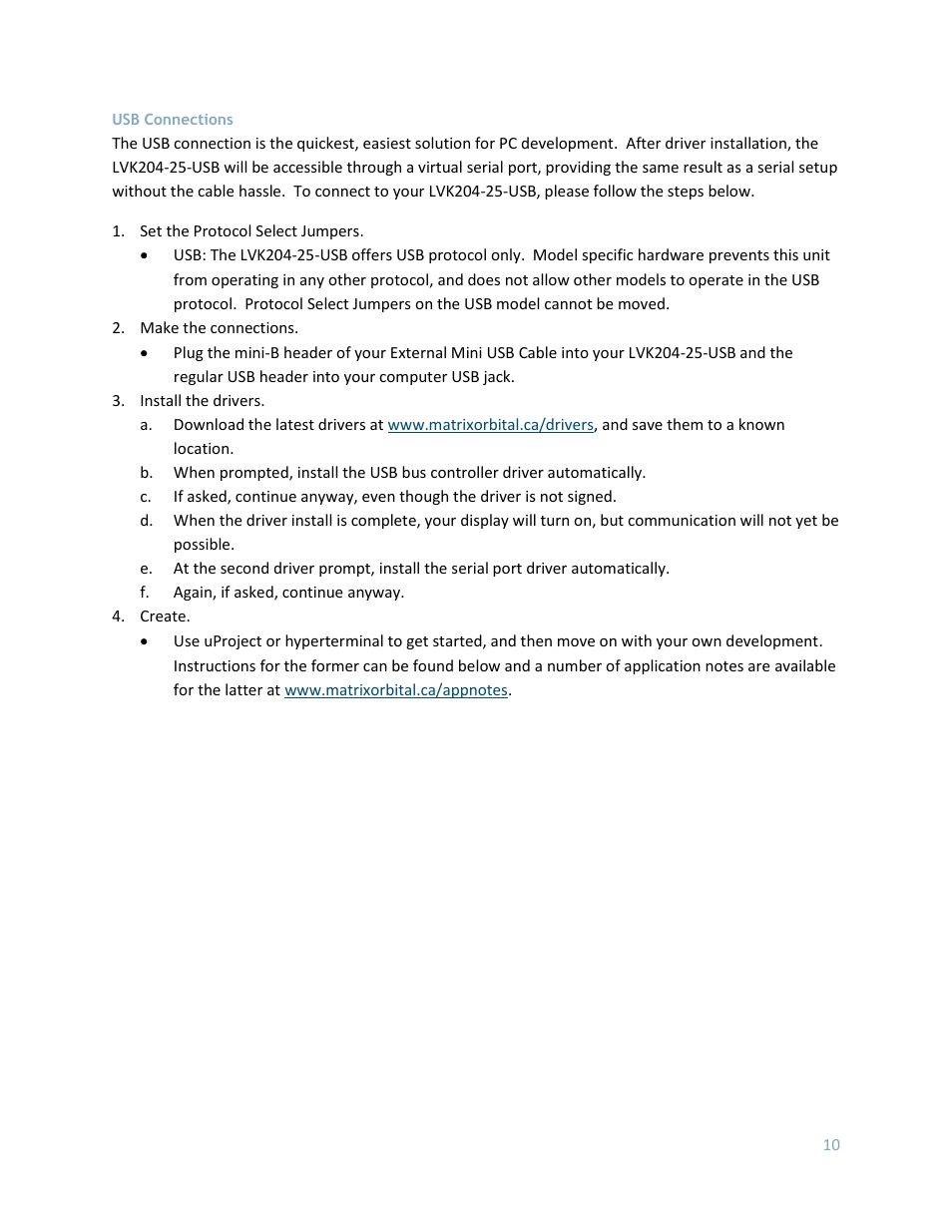 Usb connections | Matrix Orbital LK204-25 User Manual | Page 10 / 47