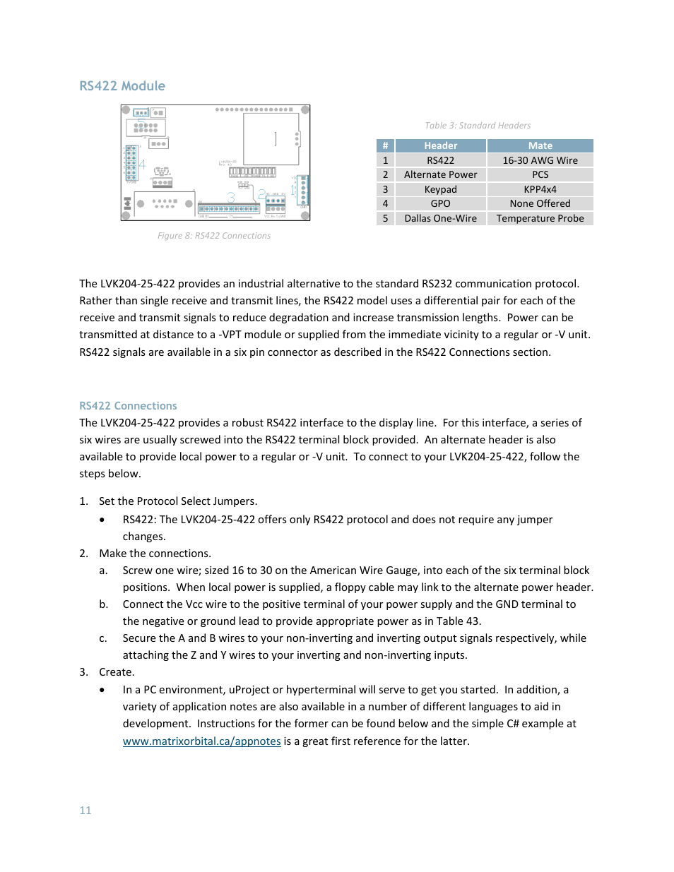 Rs422 module, Rs422 connections | Matrix Orbital LK204-25 User Manual | Page 11 / 47