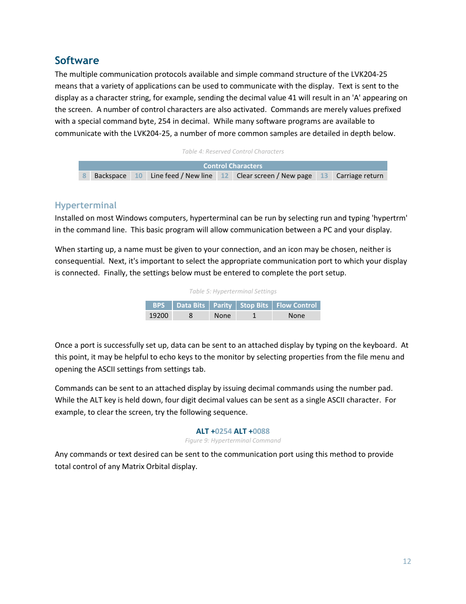 Software, Hyperterminal | Matrix Orbital LK204-25 User Manual | Page 12 / 47
