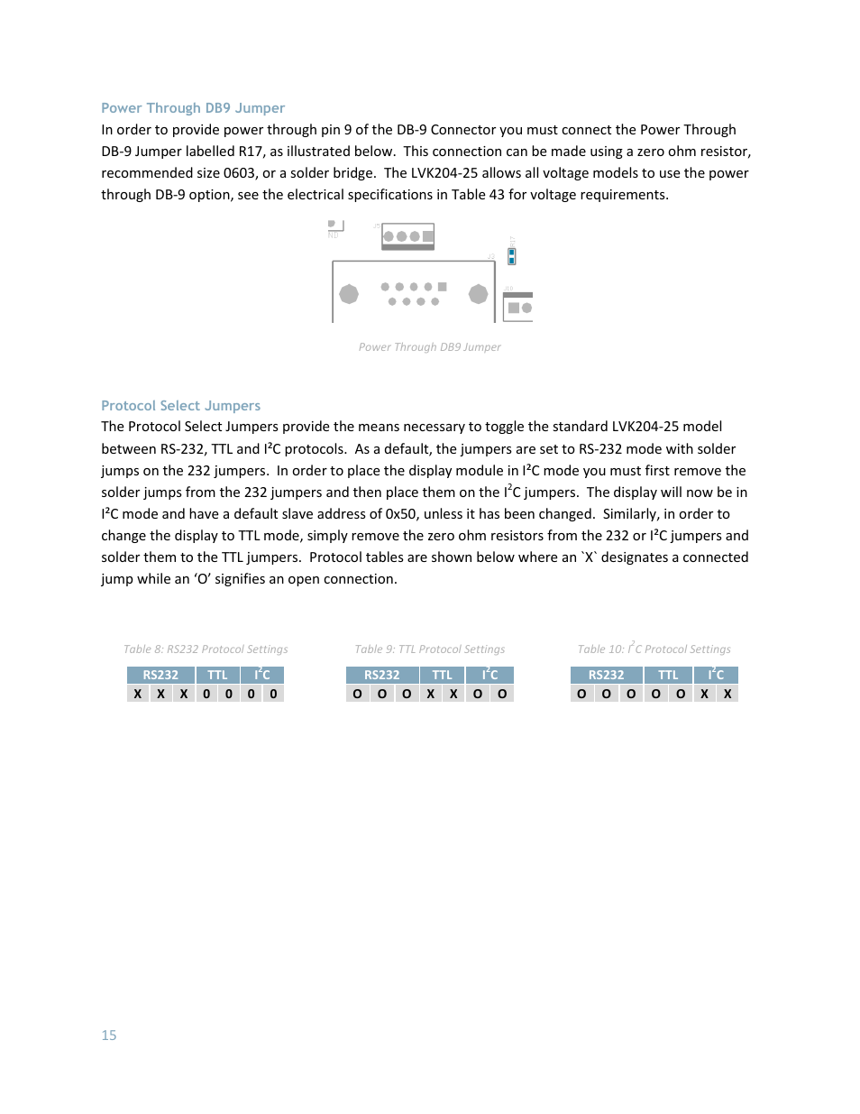 Power through db9 jumper, Protocol select jumpers | Matrix Orbital LK204-25 User Manual | Page 15 / 47