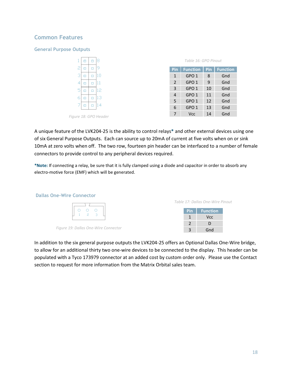 Common features, General purpose outputs, Dallas one-wire connector | Matrix Orbital LK204-25 User Manual | Page 18 / 47