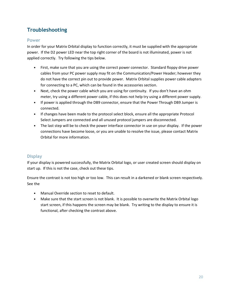 Power, Display, Troubleshooting | Matrix Orbital LK204-25 User Manual | Page 20 / 47
