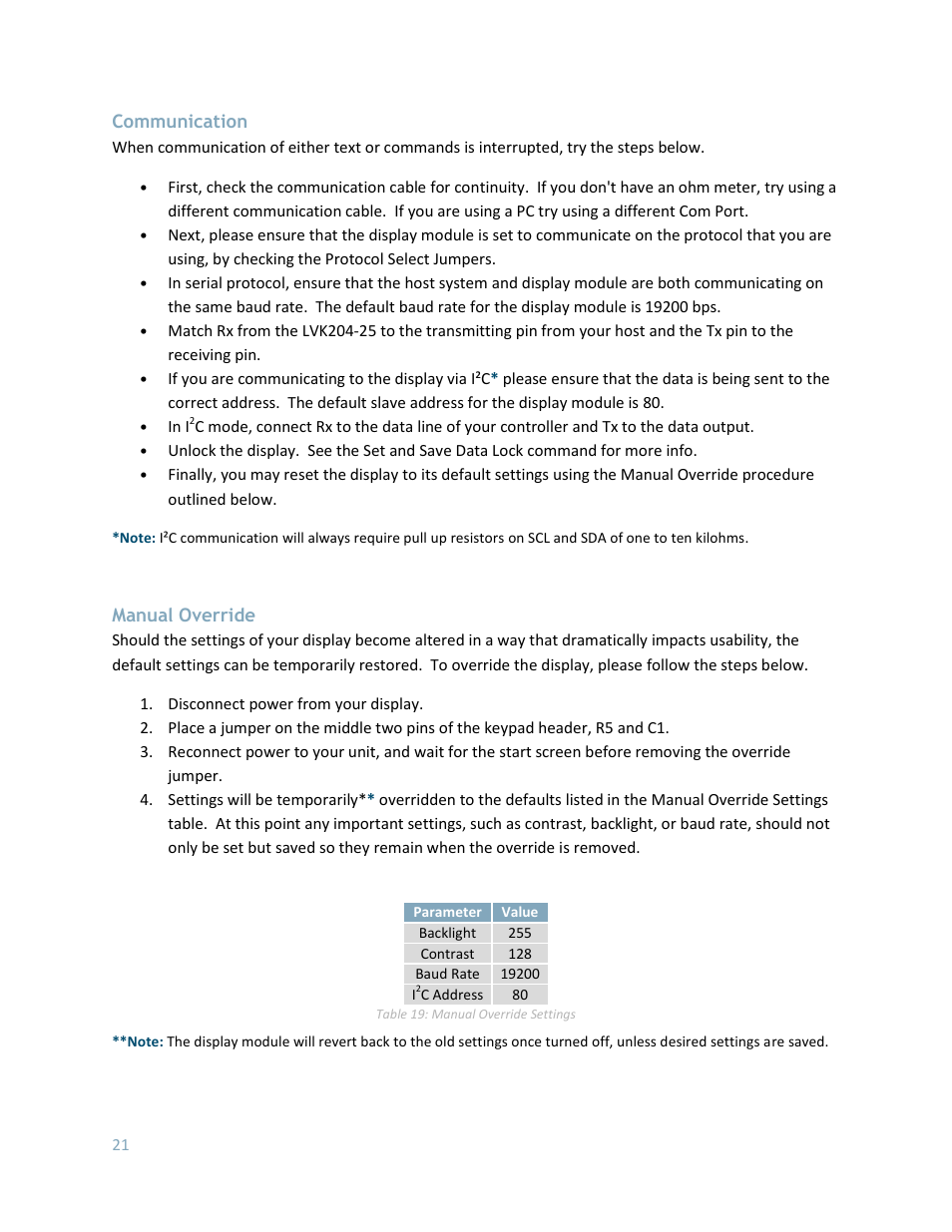 Communication, Manual override | Matrix Orbital LK204-25 User Manual | Page 21 / 47
