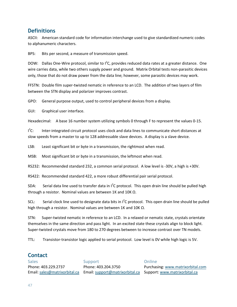 Definitions, Contact | Matrix Orbital LK204-25 User Manual | Page 47 / 47