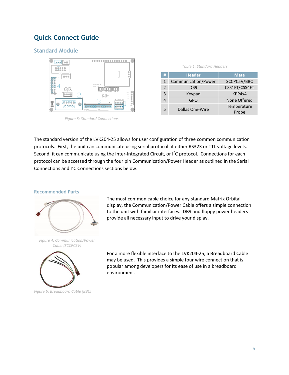 Quick connect guide, Standard module, Recommended parts | Matrix Orbital LK204-25 User Manual | Page 6 / 47