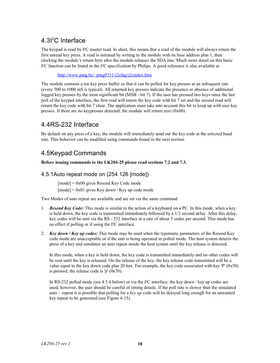 3i2c interface, 4rs-232 interface, 5keypad commands | 1auto repeat mode on (254 126 [mode]), C interface | Matrix Orbital LK204-25 Legacy User Manual | Page 18 / 33