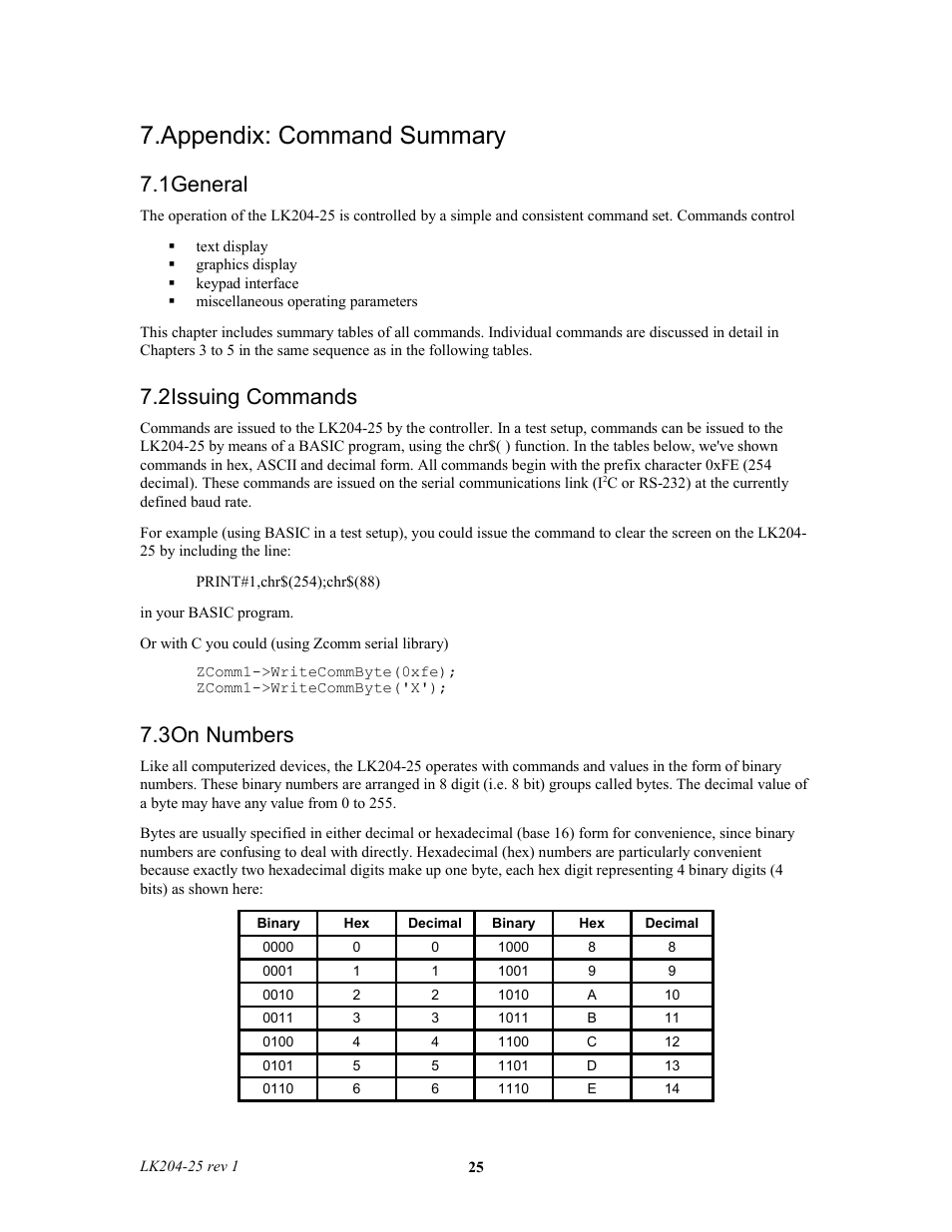 Appendix: command summary, 1general, 2issuing commands | 3on numbers, Read sections 7.2, D 7.3 | Matrix Orbital LK204-25 Legacy User Manual | Page 25 / 33