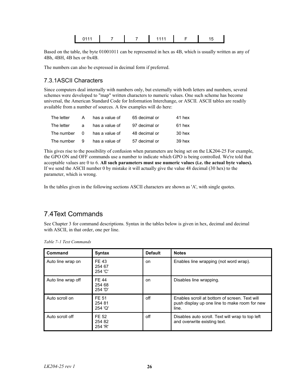 1ascii characters, 4text commands | Matrix Orbital LK204-25 Legacy User Manual | Page 26 / 33