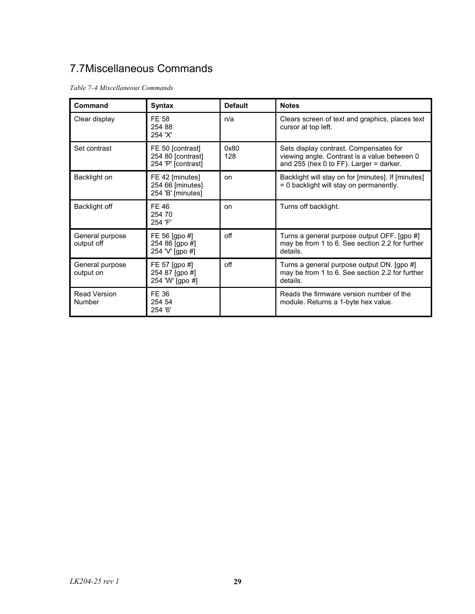 7miscellaneous commands | Matrix Orbital LK204-25 Legacy User Manual | Page 29 / 33