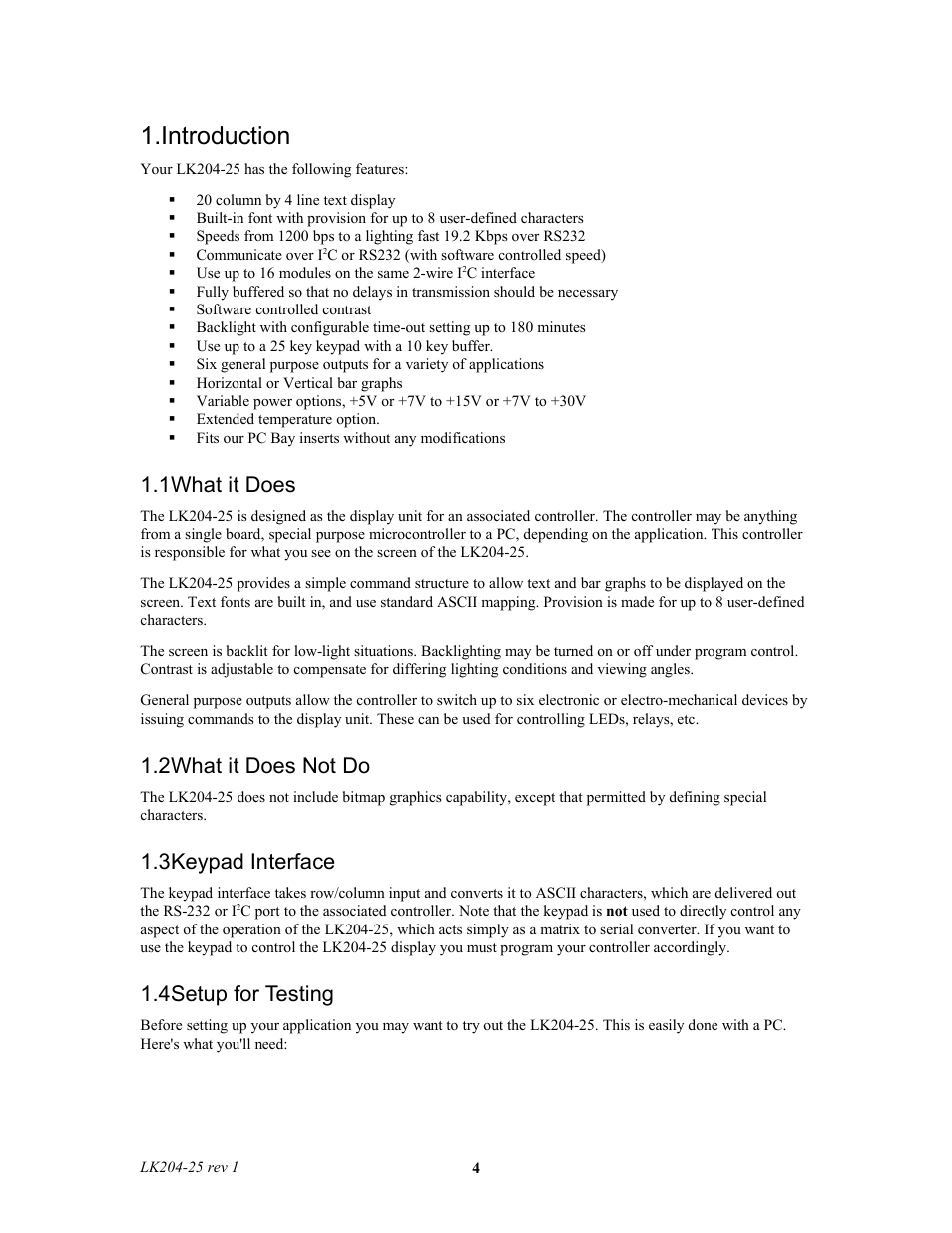 Introduction, 1what it does, 2what it does not do | 3keypad interface, 4setup for testing | Matrix Orbital LK204-25 Legacy User Manual | Page 4 / 33