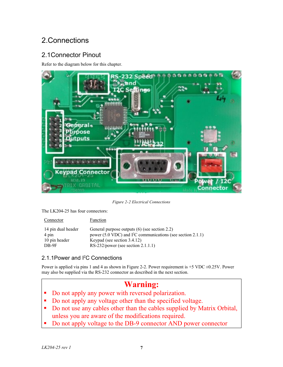Connections, 1connector pinout, 1power and i2c connections | Ection 2.1.1, Figure 2-2 for, Ection 2.1.1 for, Warning | Matrix Orbital LK204-25 Legacy User Manual | Page 7 / 33