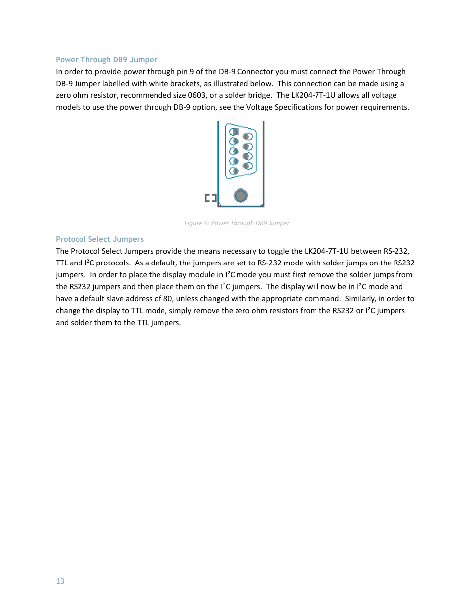 Power through db9 jumper, Protocol select jumpers | Matrix Orbital LK204-7T-1U User Manual | Page 13 / 40