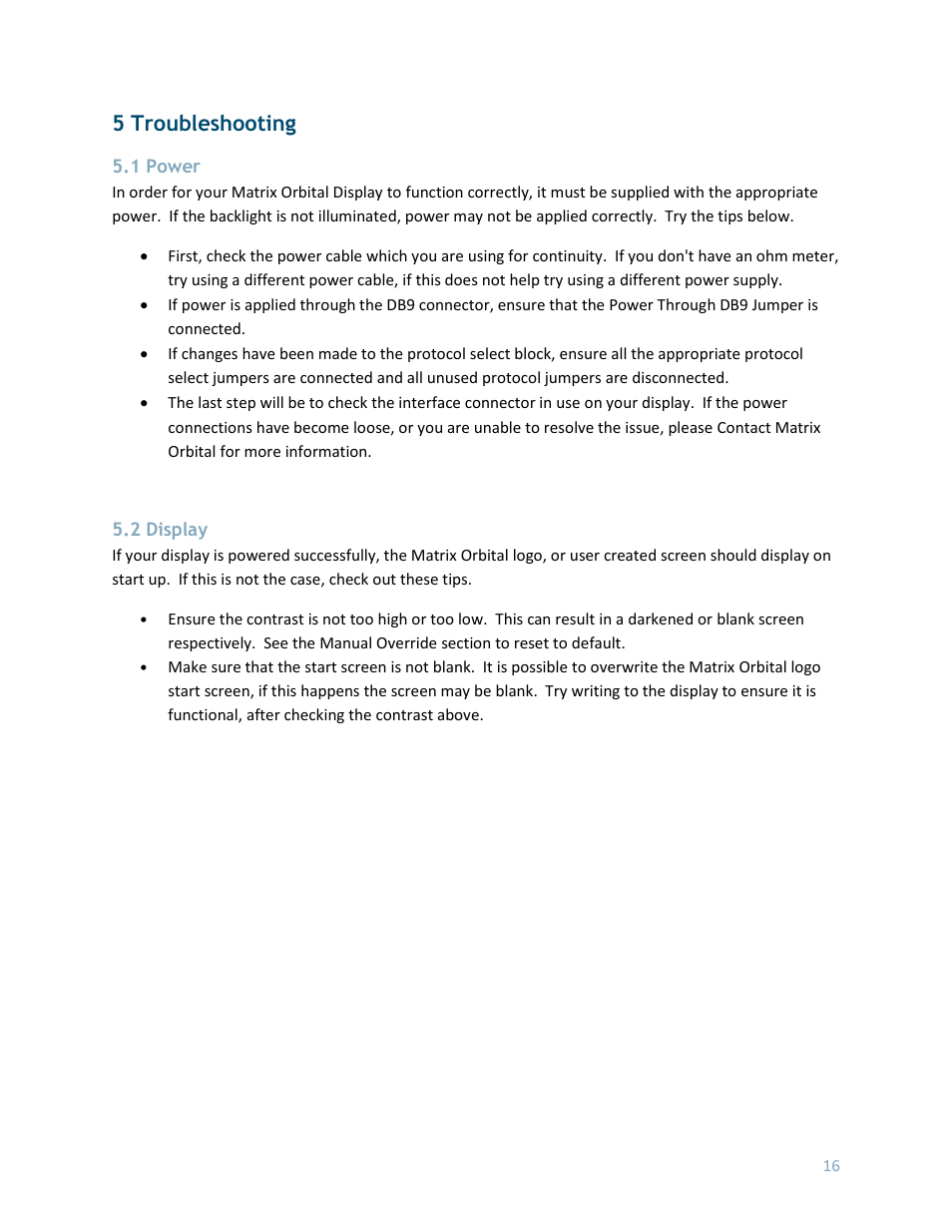 5 troubleshooting, 1 power, 2 display | Matrix Orbital LK204-7T-1U User Manual | Page 16 / 40