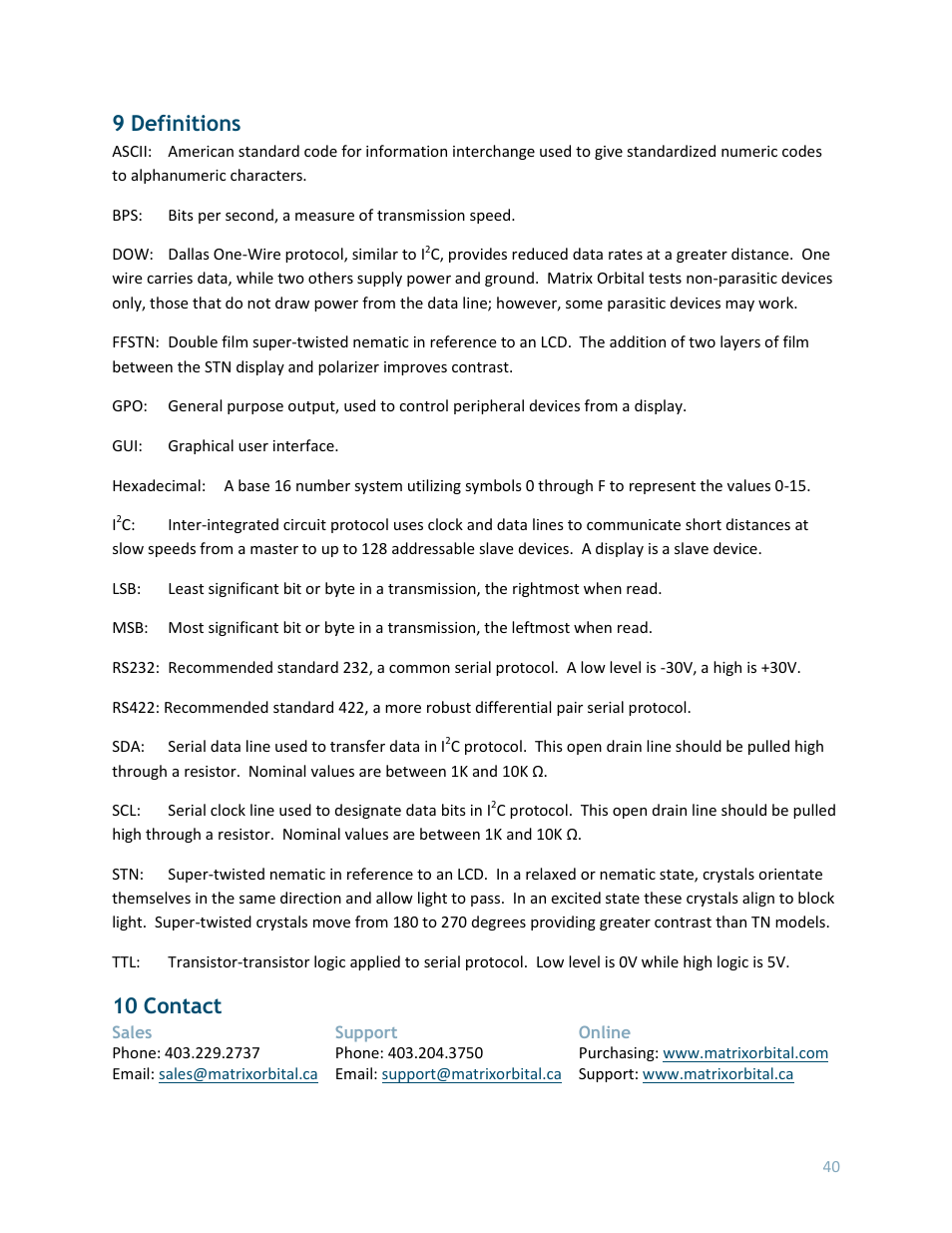 9 definitions, 10 contact | Matrix Orbital LK204-7T-1U User Manual | Page 40 / 40
