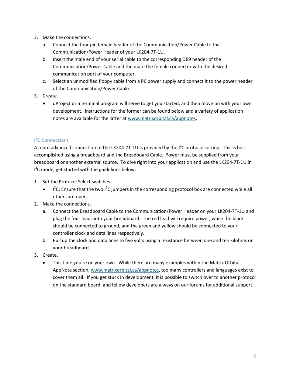 I2c connections, C connections | Matrix Orbital LK204-7T-1U User Manual | Page 8 / 40