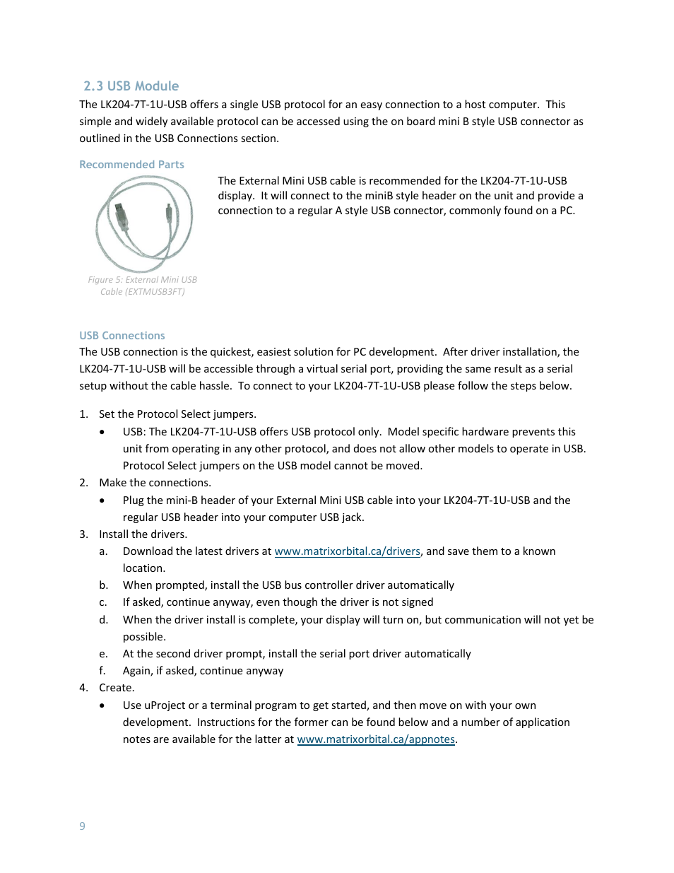 3 usb module, Recommended parts, Usb connections | Matrix Orbital LK204-7T-1U User Manual | Page 9 / 40
