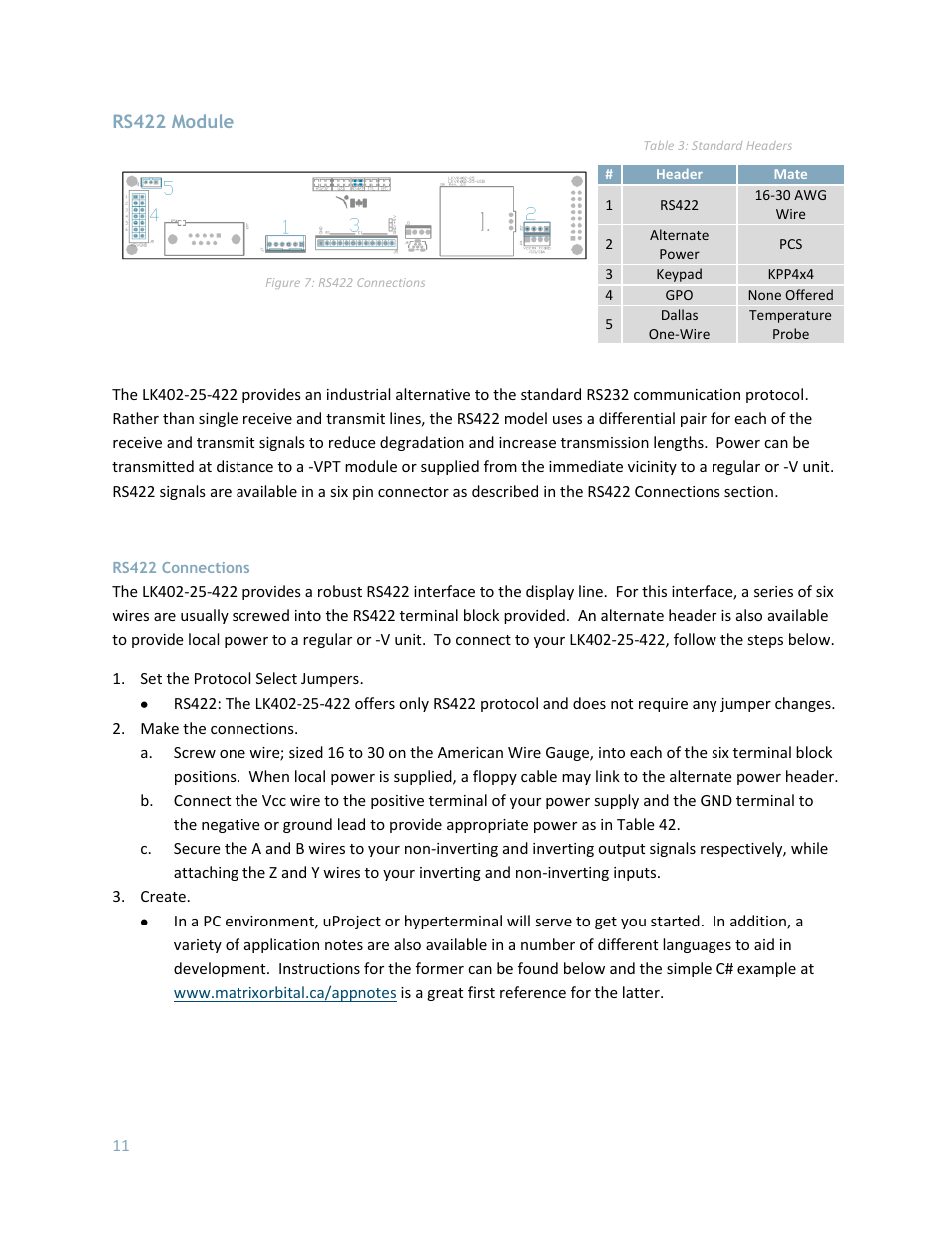 Rs422 module, Rs422 connections | Matrix Orbital LK402-25 User Manual | Page 11 / 43