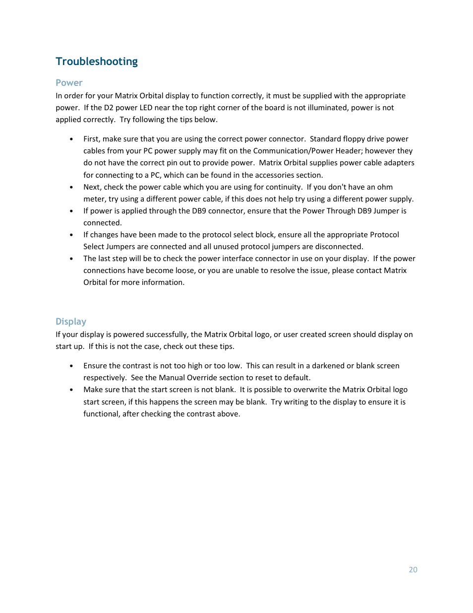 Power, Display, Troubleshooting | Matrix Orbital LK402-25 User Manual | Page 20 / 43