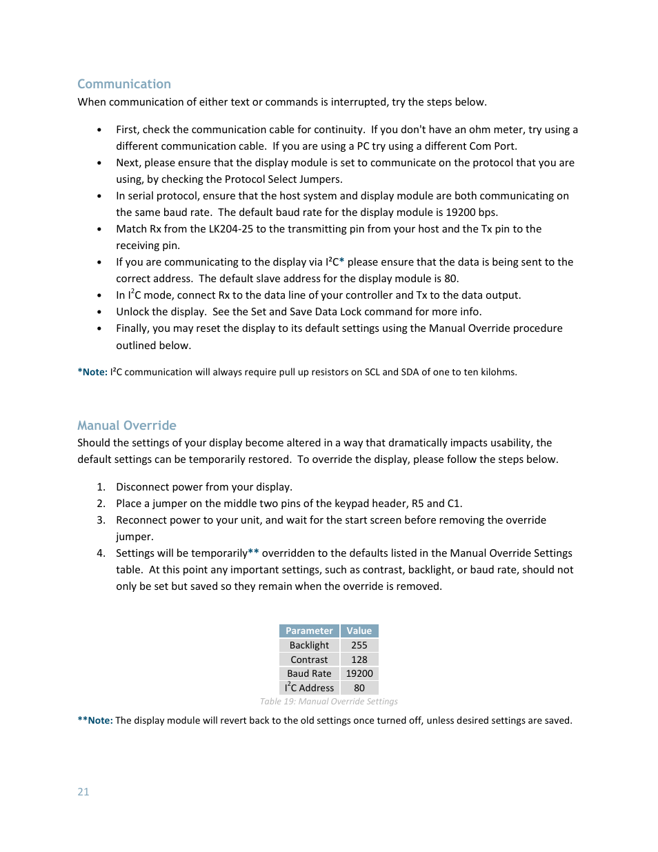 Communication, Manual override | Matrix Orbital LK402-25 User Manual | Page 21 / 43