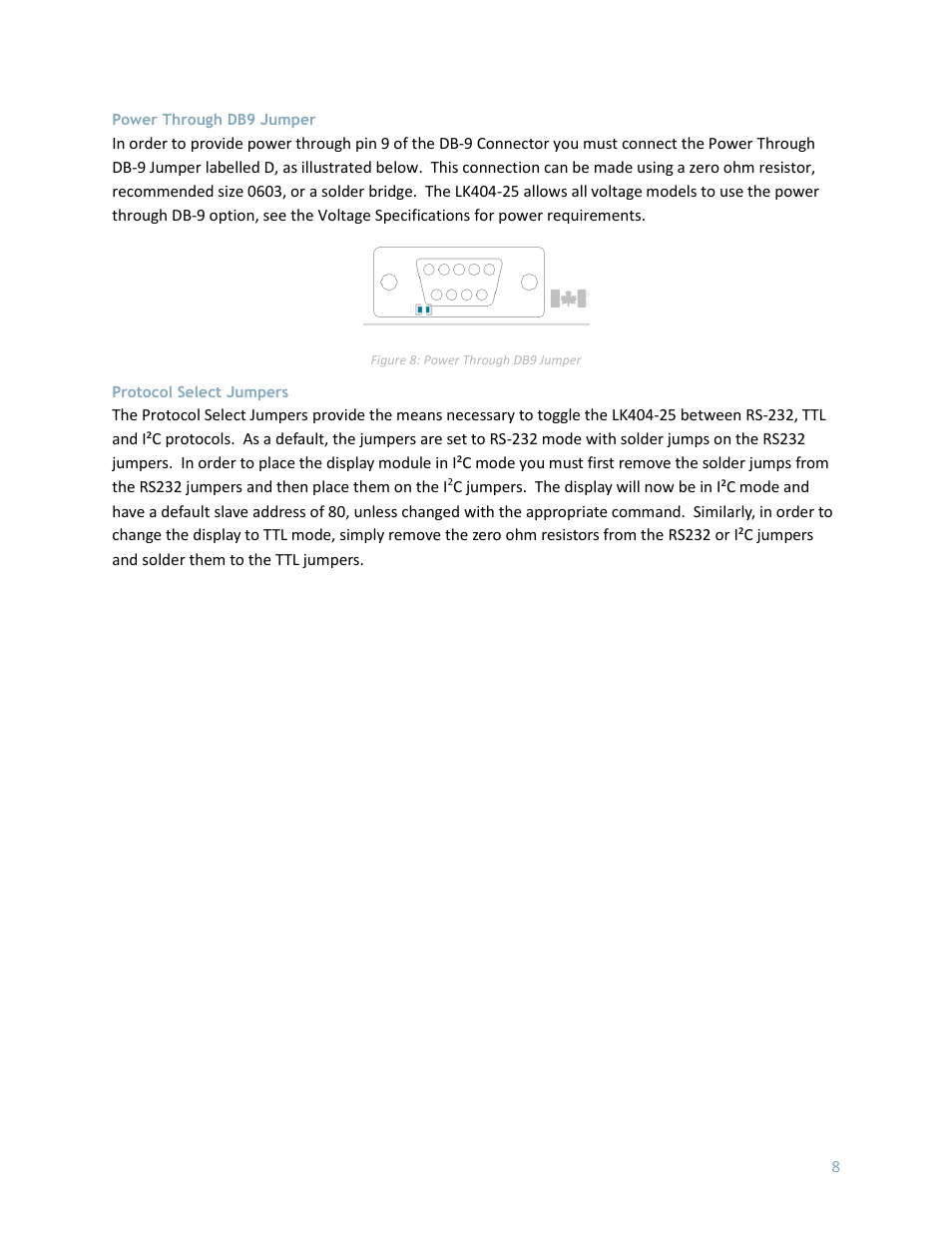 Power through db9 jumper, Protocol select jumpers | Matrix Orbital LK404-25 User Manual | Page 12 / 37