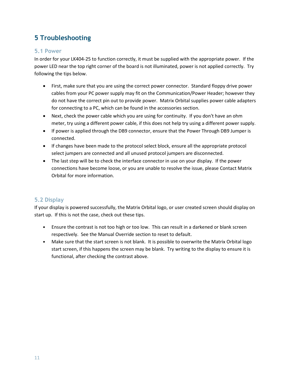 5 troubleshooting, 1 power, 2 display | Matrix Orbital LK404-25 User Manual | Page 15 / 37