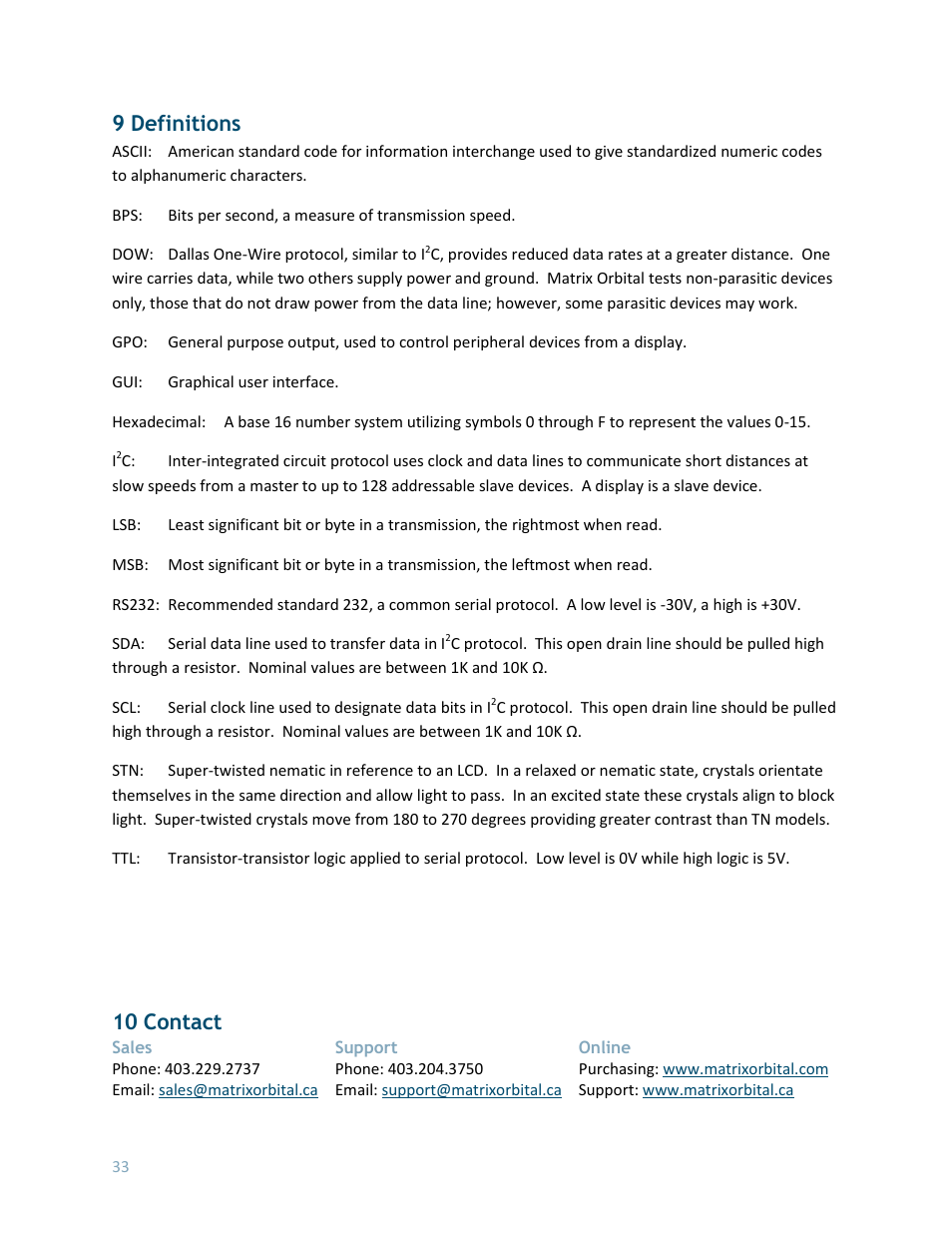 9 definitions, 10 contact | Matrix Orbital LK404-25 User Manual | Page 37 / 37