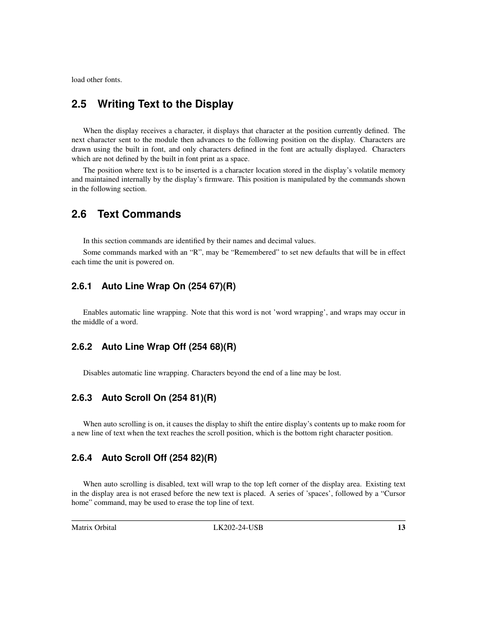 5 writing text to the display, 6 text commands | Matrix Orbital LK202-24-USB User Manual | Page 17 / 48