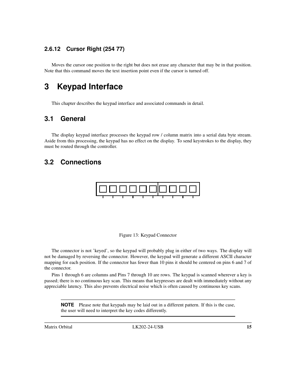 3 keypad interface, 1 general, 2 connections | Matrix Orbital LK202-24-USB User Manual | Page 19 / 48