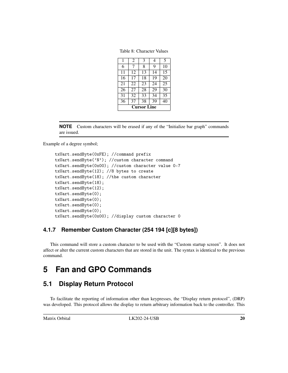 5 fan and gpo commands, 1 display return protocol | Matrix Orbital LK202-24-USB User Manual | Page 24 / 48