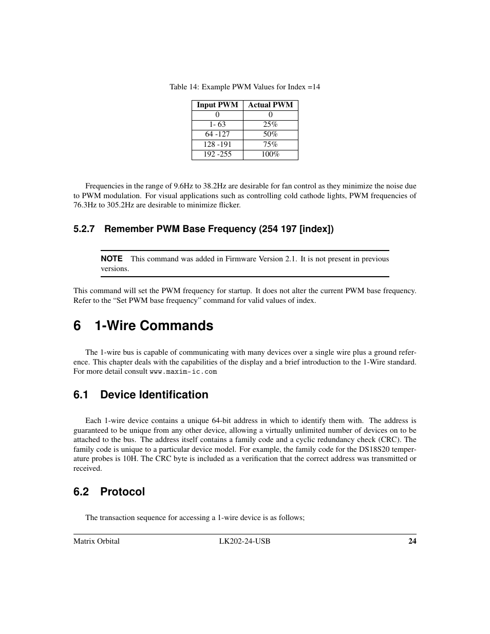 6 1-wire commands, 1 device identification, 2 protocol | Matrix Orbital LK202-24-USB User Manual | Page 28 / 48