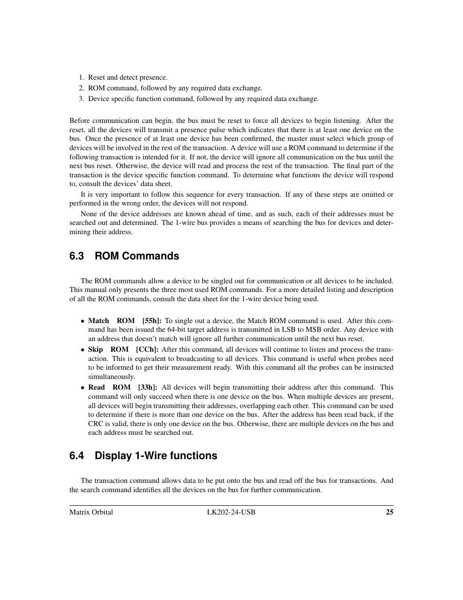 3 rom commands, 4 display 1-wire functions | Matrix Orbital LK202-24-USB User Manual | Page 29 / 48