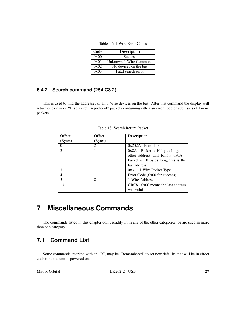 7 miscellaneous commands, 1 command list | Matrix Orbital LK202-24-USB User Manual | Page 31 / 48