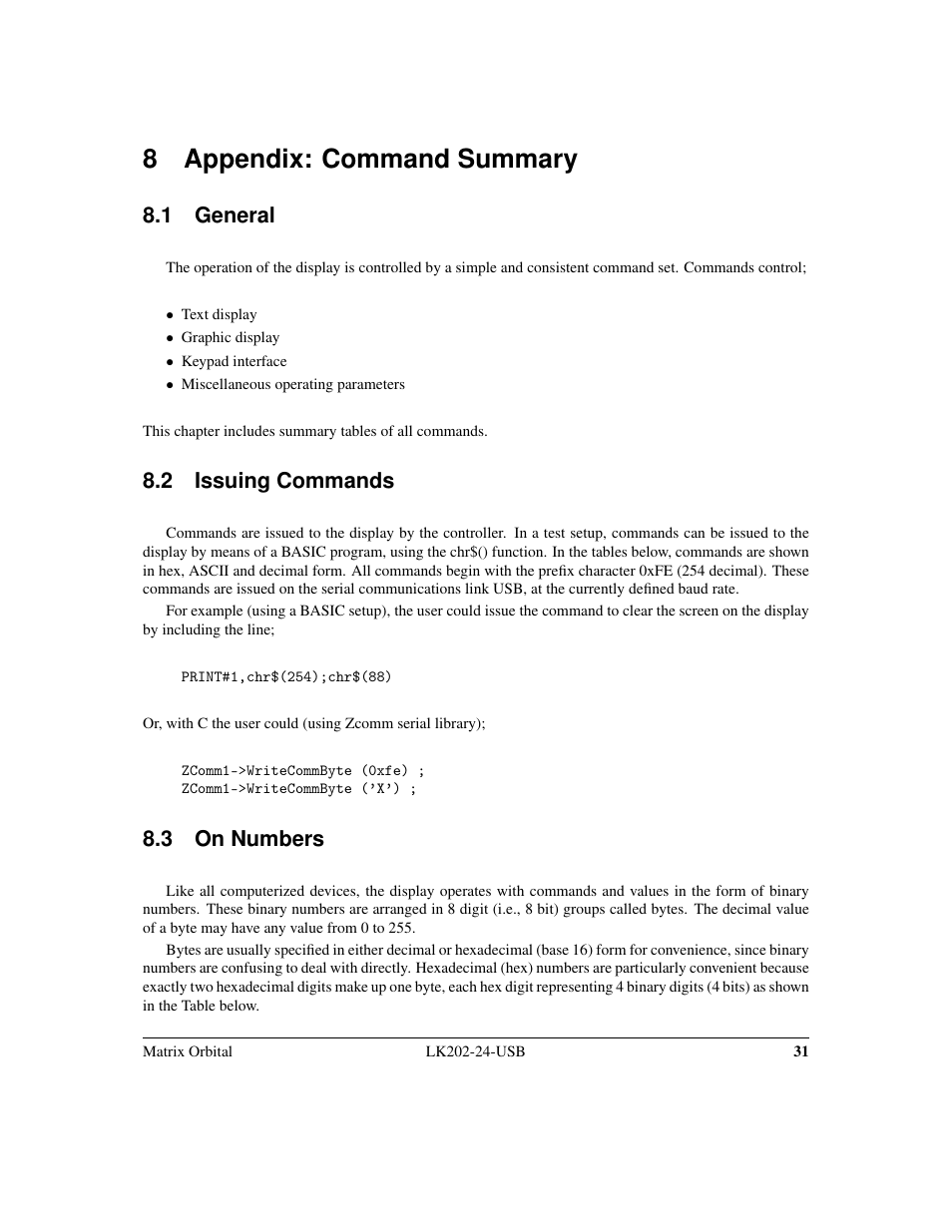8 appendix: command summary, 1 general, 2 issuing commands | 3 on numbers | Matrix Orbital LK202-24-USB User Manual | Page 35 / 48