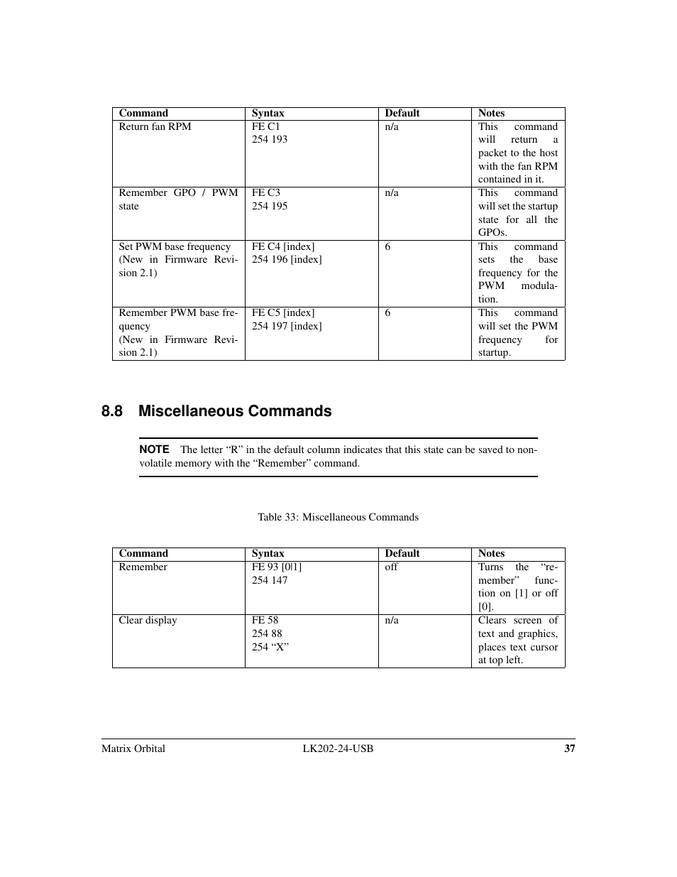 8 miscellaneous commands | Matrix Orbital LK202-24-USB User Manual | Page 41 / 48