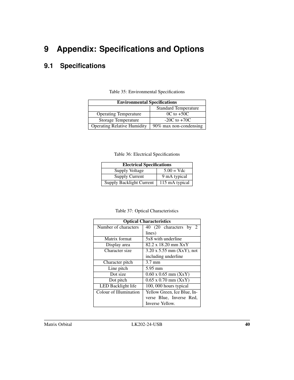 9 appendix: specifications and options, 1 specifications | Matrix Orbital LK202-24-USB User Manual | Page 44 / 48