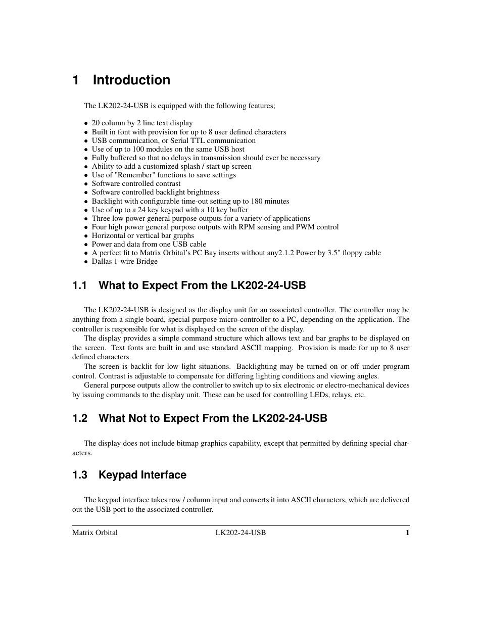 1 introduction, 3 keypad interface | Matrix Orbital LK202-24-USB User Manual | Page 5 / 48