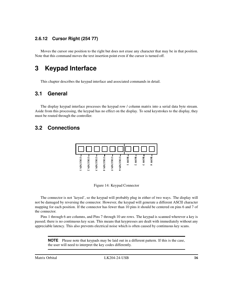 3 keypad interface, 1 general, 2 connections | Matrix Orbital LK204-24-USB User Manual | Page 20 / 49