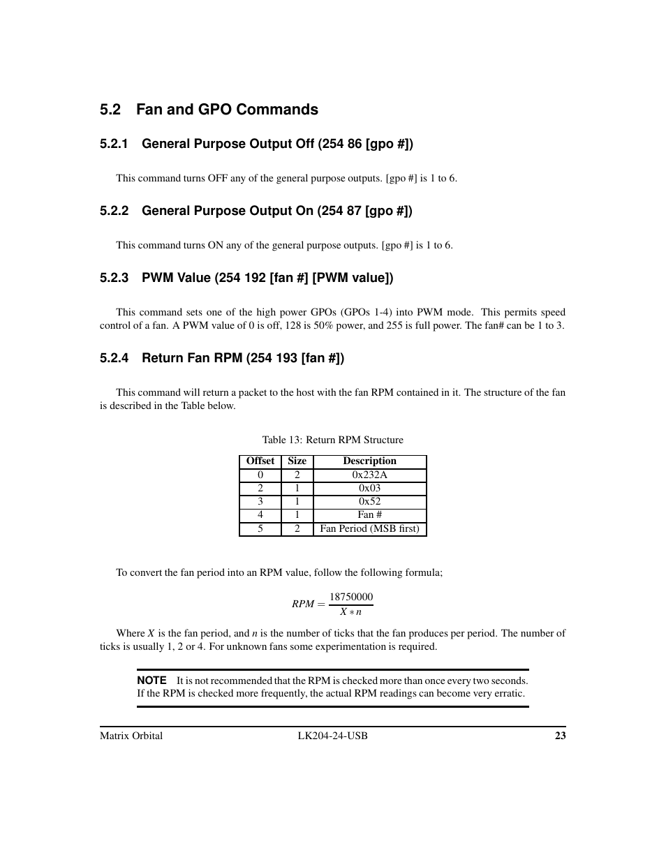 2 fan and gpo commands | Matrix Orbital LK204-24-USB User Manual | Page 27 / 49