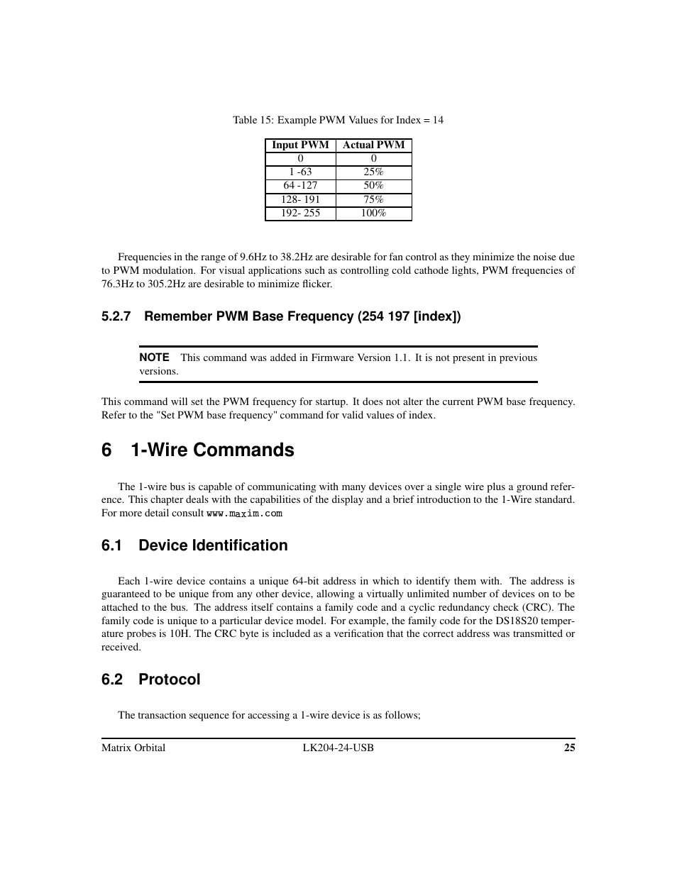 6 1-wire commands, 1 device identification, 2 protocol | Matrix Orbital LK204-24-USB User Manual | Page 29 / 49
