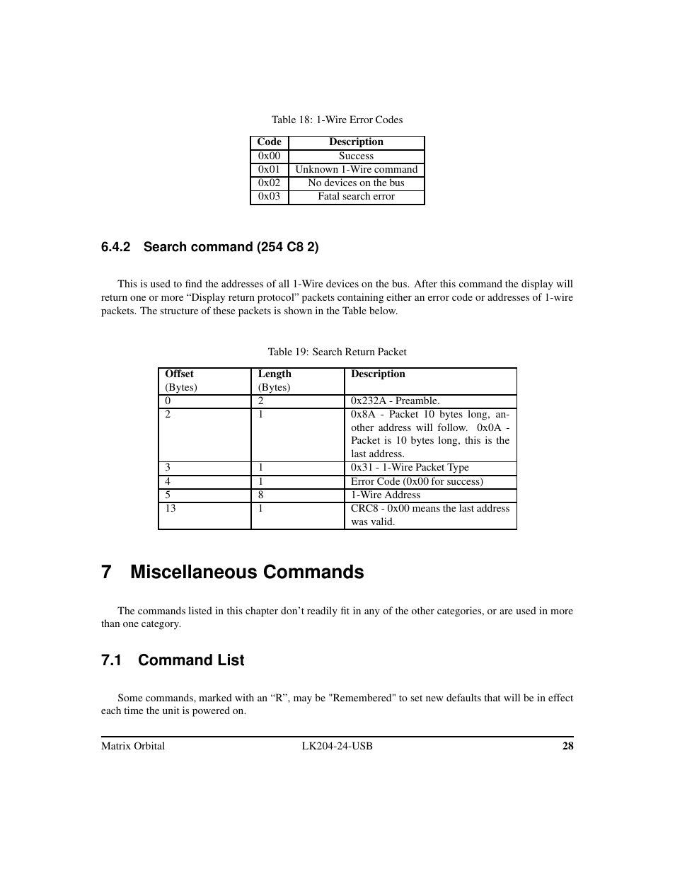 7 miscellaneous commands, 1 command list | Matrix Orbital LK204-24-USB User Manual | Page 32 / 49