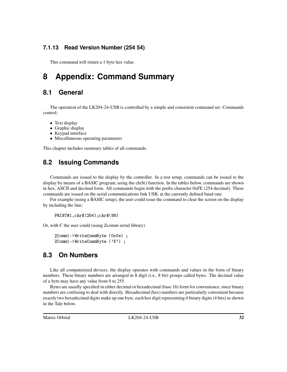 8 appendix: command summary, 1 general, 2 issuing commands | 3 on numbers | Matrix Orbital LK204-24-USB User Manual | Page 36 / 49