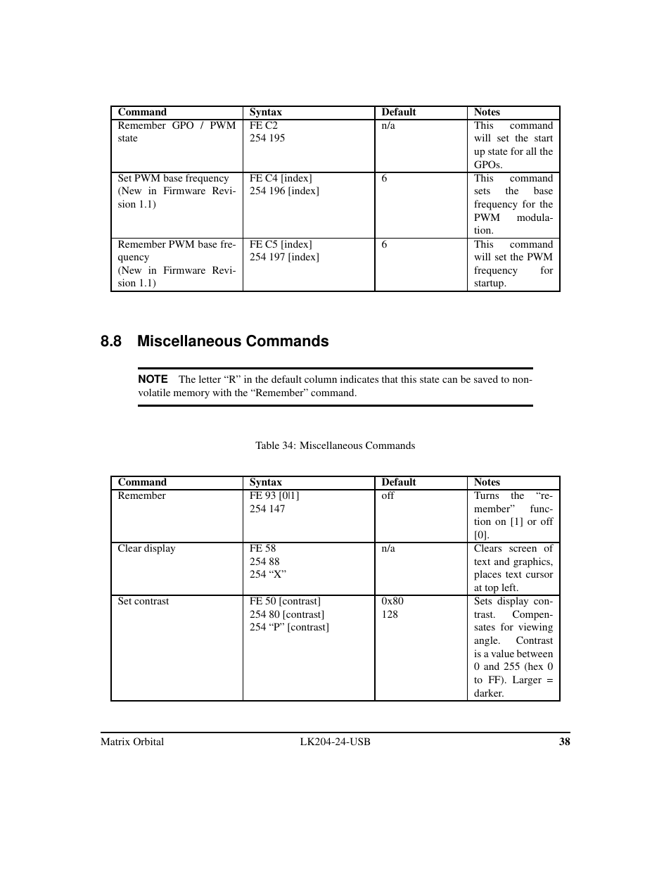 8 miscellaneous commands | Matrix Orbital LK204-24-USB User Manual | Page 42 / 49