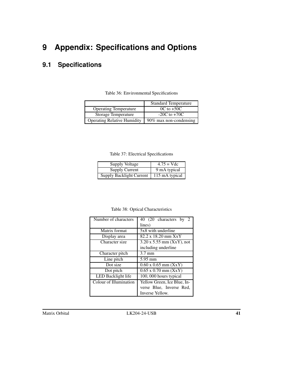 9 appendix: specifications and options, 1 specifications | Matrix Orbital LK204-24-USB User Manual | Page 45 / 49