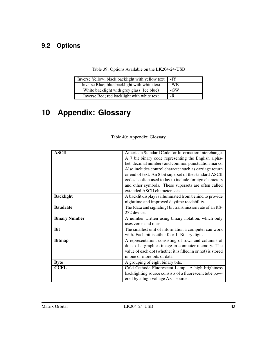 10 appendix: glossary, 2 options | Matrix Orbital LK204-24-USB User Manual | Page 47 / 49