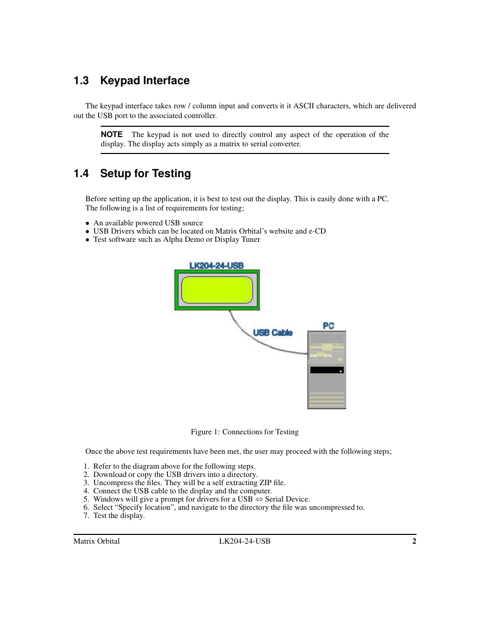 3 keypad interface, 4 setup for testing | Matrix Orbital LK204-24-USB User Manual | Page 6 / 49