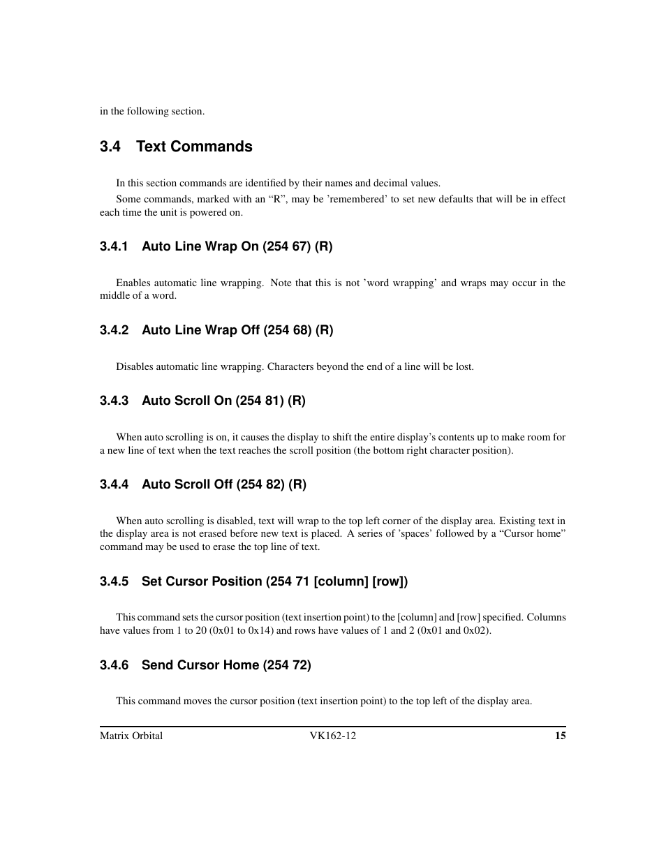 4 text commands | Matrix Orbital VK162-12 Legacy User Manual | Page 19 / 44