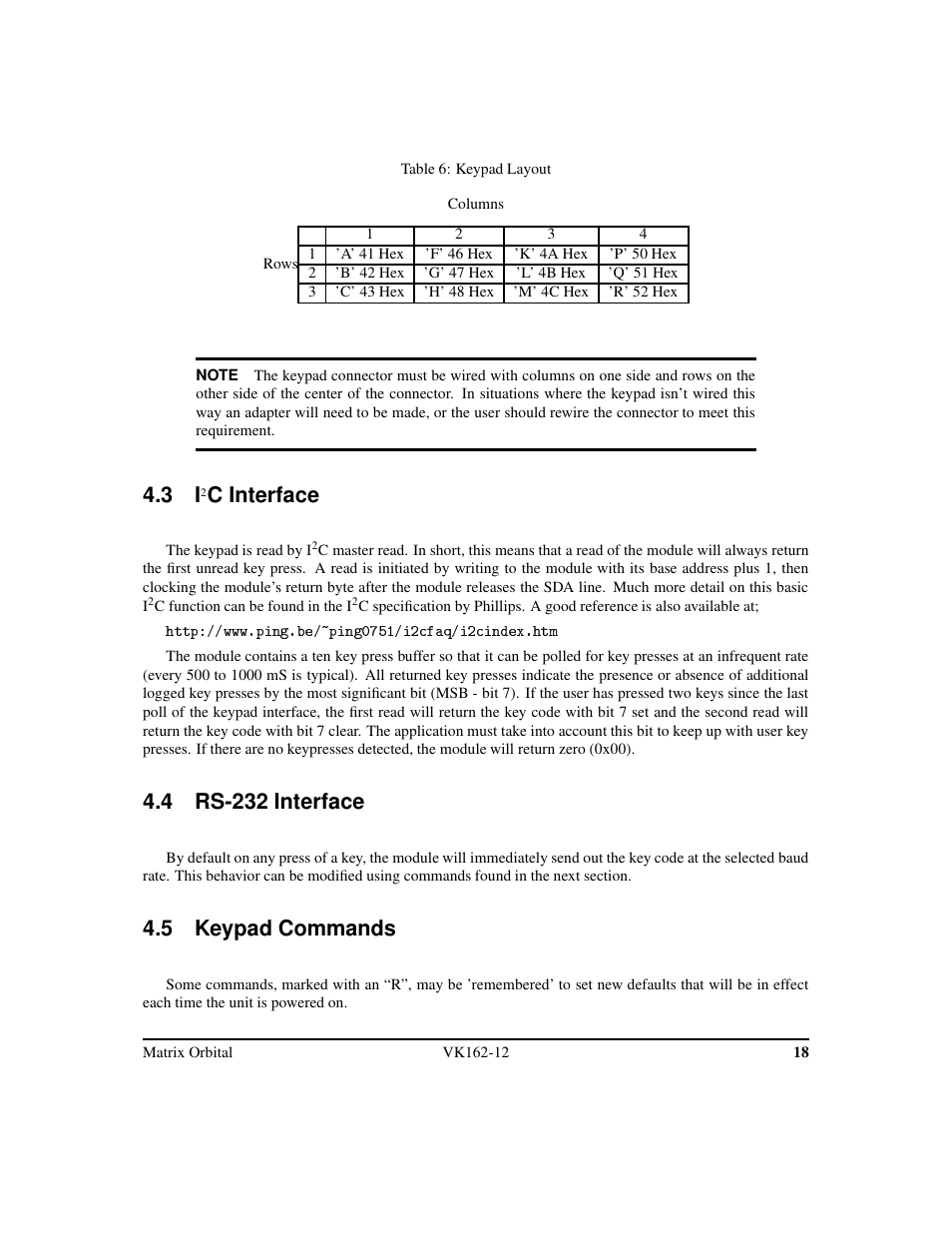 C interface, 4 rs-232 interface, 5 keypad commands | Matrix Orbital VK162-12 Legacy User Manual | Page 22 / 44